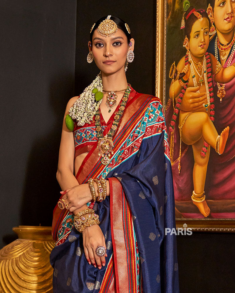Navy Blue Patola Silk Saree with Red Zari Border