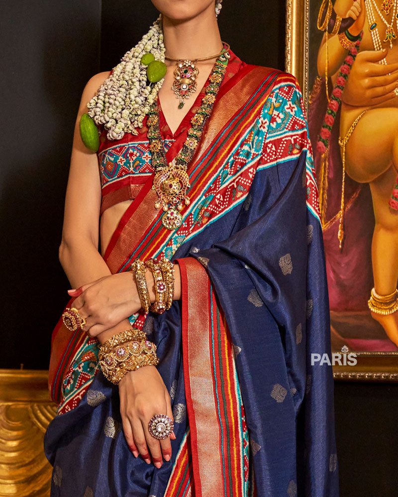 Navy Blue Patola Silk Saree with Red Zari Border