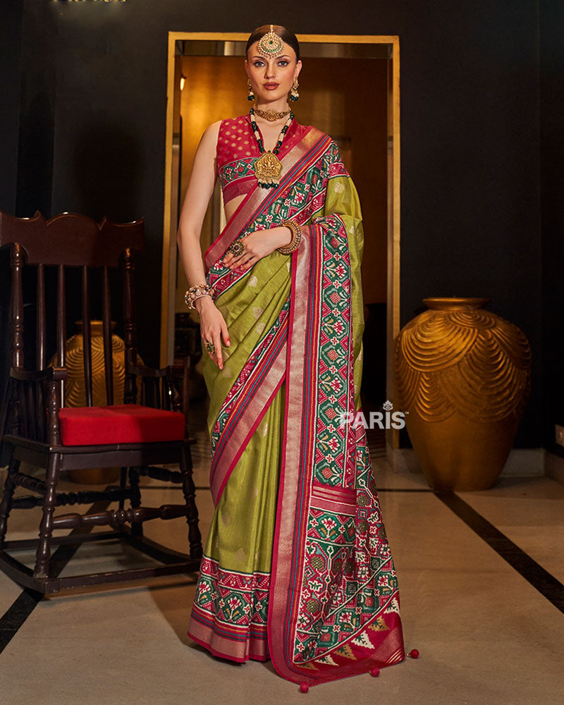 Olive Green Patola Silk Saree with Red-Green Border