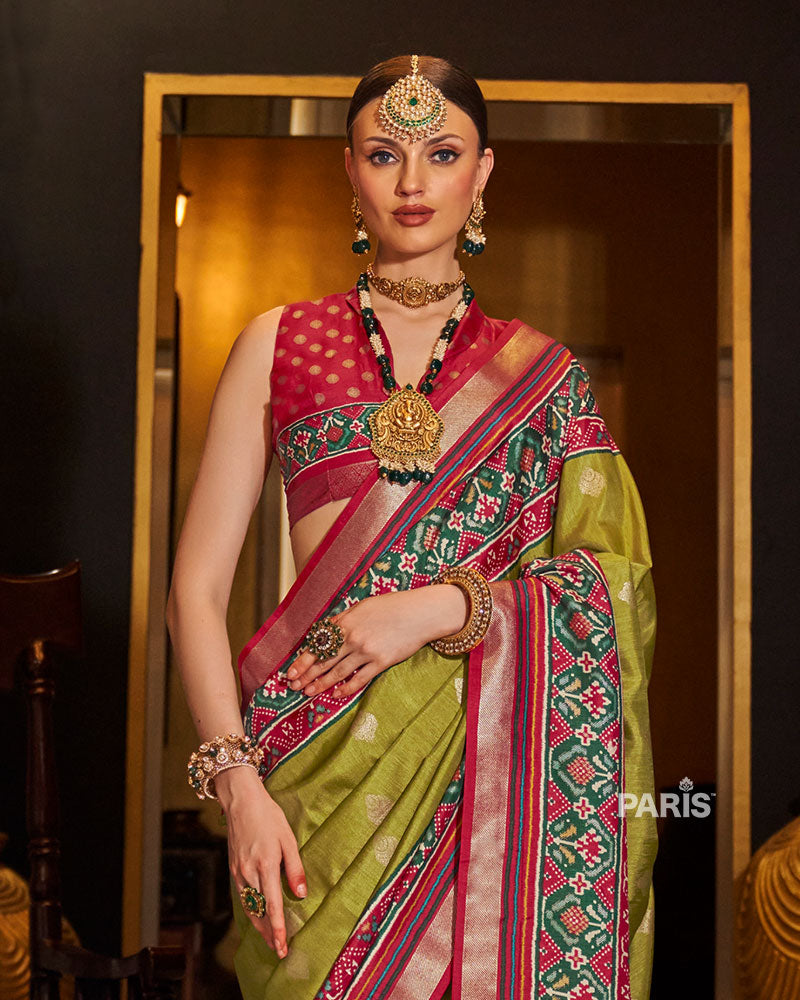 Olive Green Patola Silk Saree with Red-Green Border