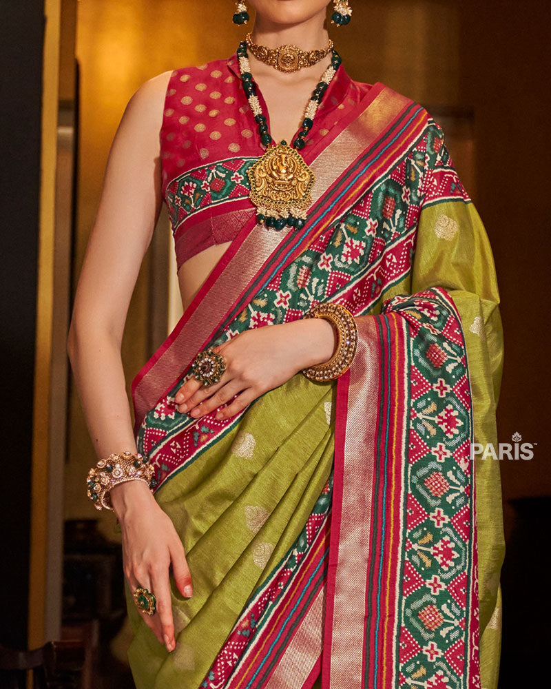 Olive Green Patola Silk Saree with Red-Green Border