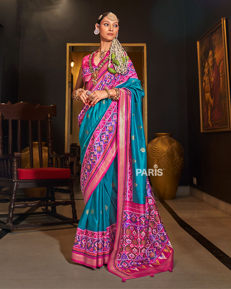 Blue Silk Saree with Pink Border & Patola Design