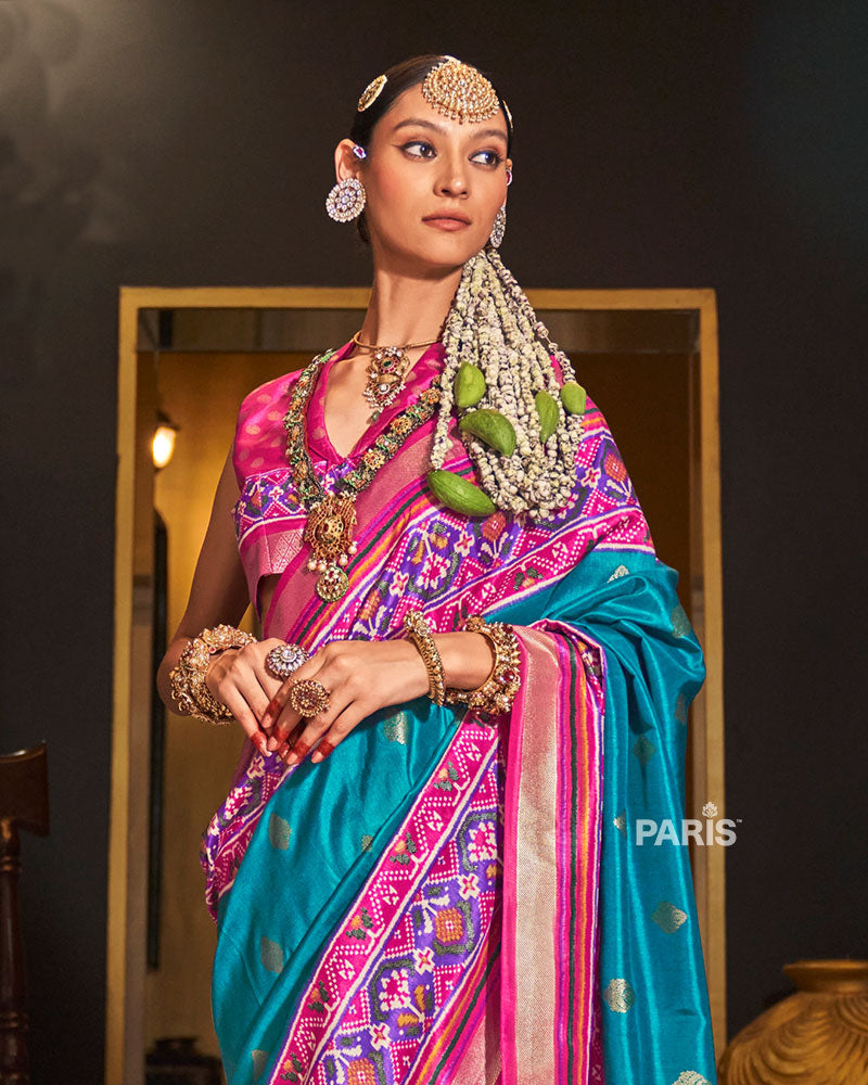 Blue Silk Saree with Pink Border & Patola Design
