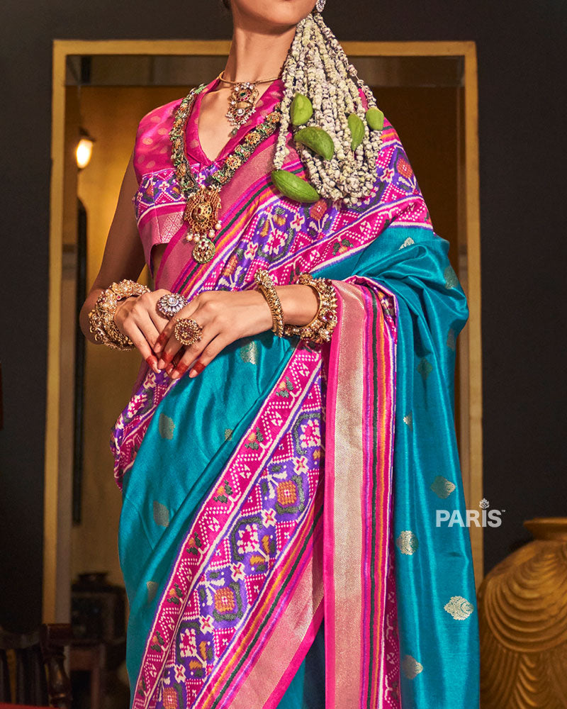 Blue Silk Saree with Pink Border & Patola Design