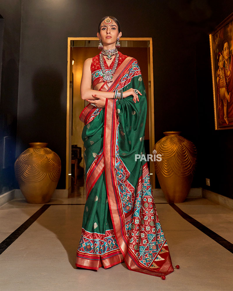 Green Patola Silk Saree with Red Border for Weddings