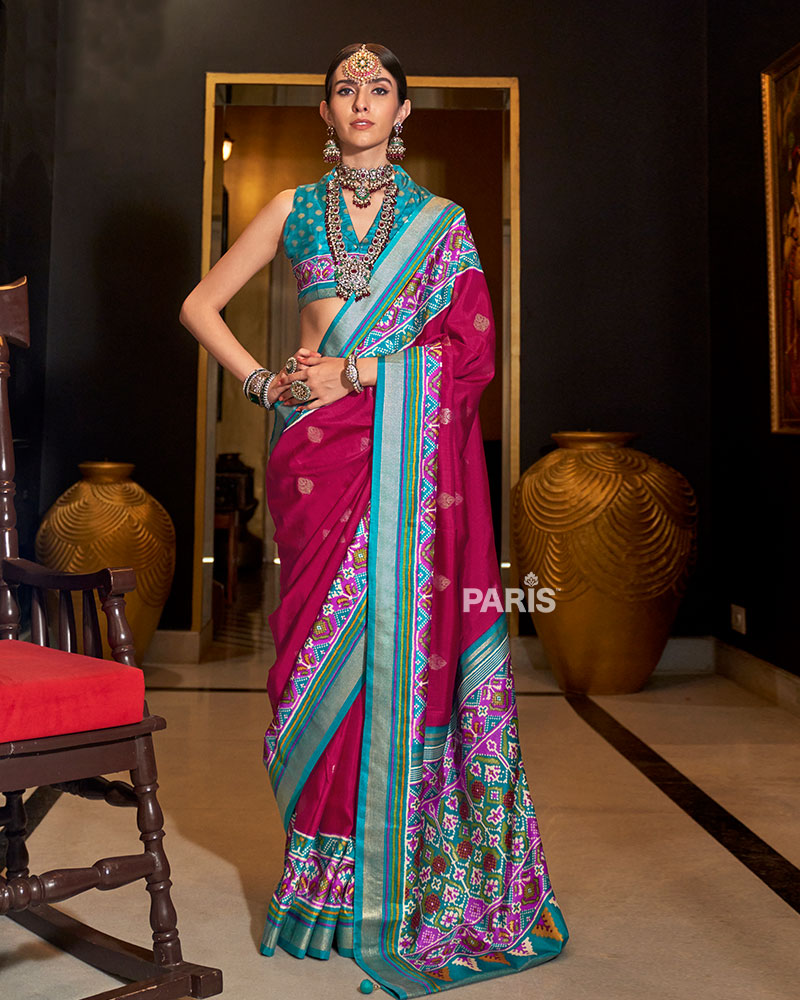 Magenta Silk Saree with Teal Border & Zari Detailing