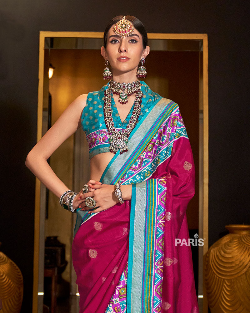 Magenta Silk Saree with Teal Border & Zari Detailing