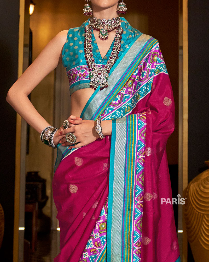 Magenta Silk Saree with Teal Border & Zari Detailing