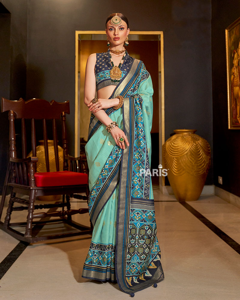 Sea Green Patola Silk Saree with Blue Edging