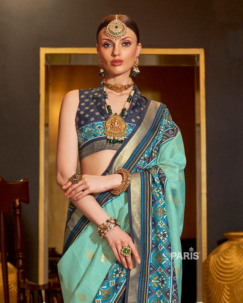 Sea Green Patola Silk Saree with Blue Edging