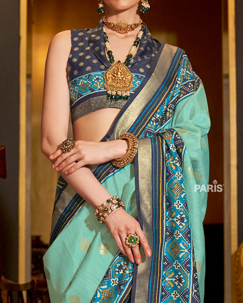 Sea Green Patola Silk Saree with Blue Edging