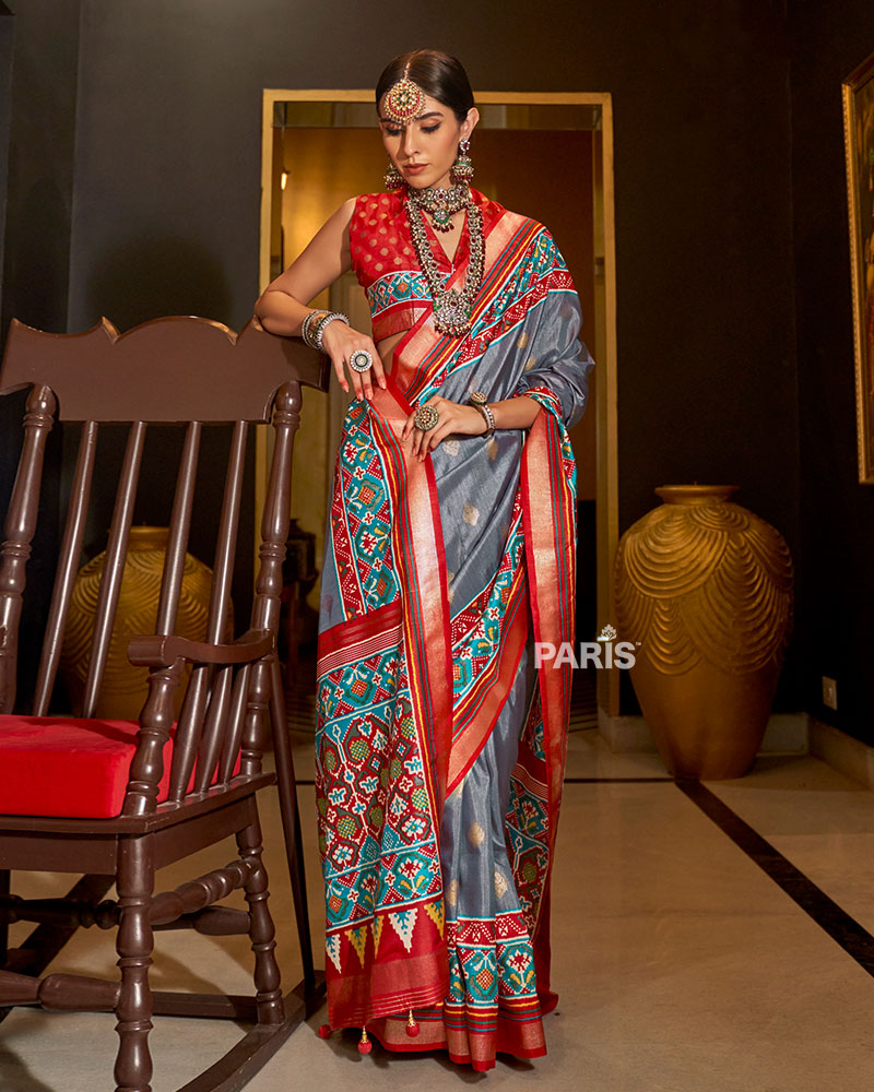 Grey Patola Silk Saree with Red Border for Festive Wear