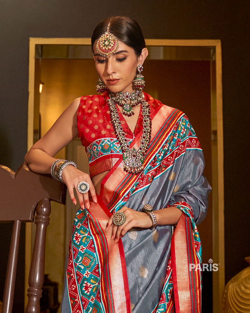 Grey Patola Silk Saree with Red Border for Festive Wear