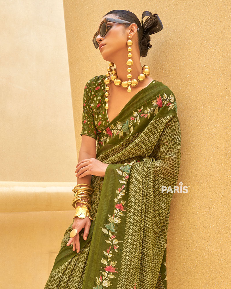 Olive Green Floral Print Saree with Intricate Weaving and Unstitched Blouse