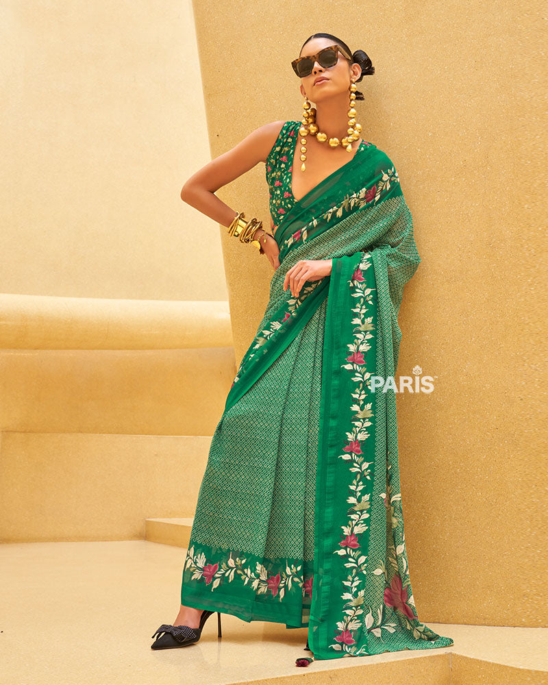 Green Floral Print Saree with Intricate Weaving and Unstitched Blouse