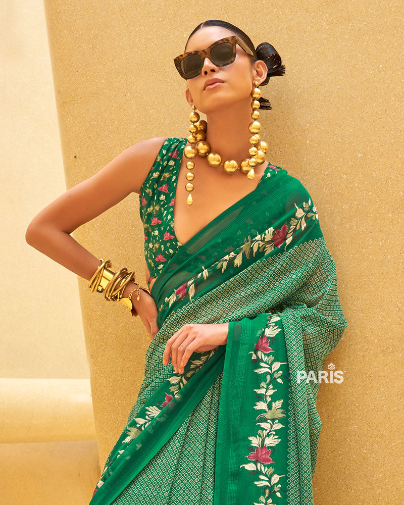 Green Floral Print Saree with Intricate Weaving and Unstitched Blouse