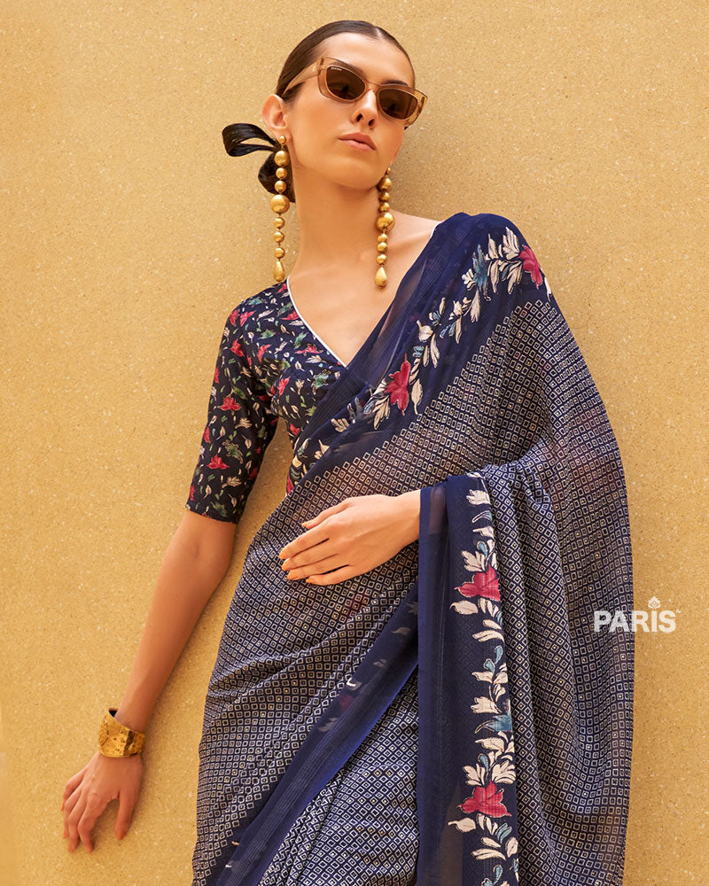 Navy Blue Floral Print Saree with Intricate Weaving and Unstitched Blouse