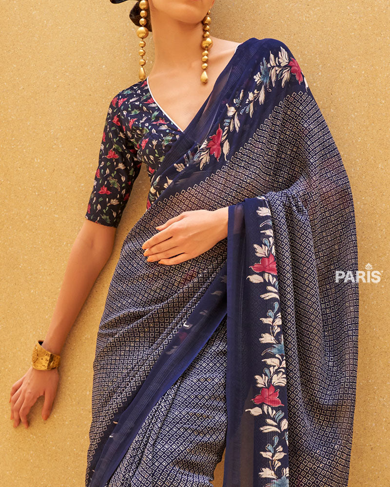 Navy Blue Floral Print Saree with Intricate Weaving and Unstitched Blouse