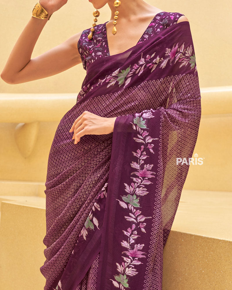 Purple Floral Print Saree with Intricate Weaving and Unstitched Blouse
