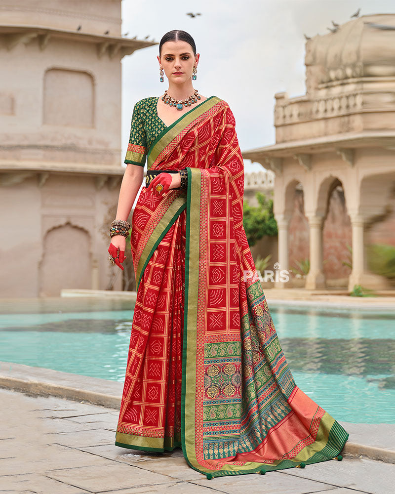 Red Bandhani Silk Saree with Green Zari Border