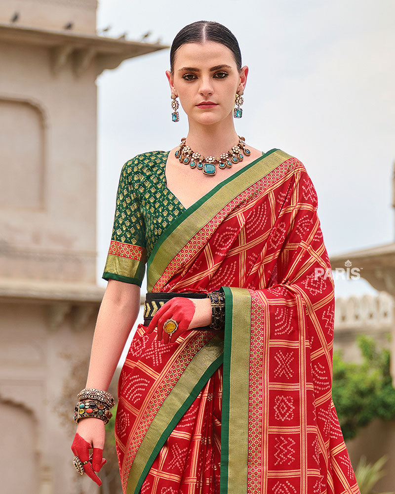 Red Bandhani Silk Saree with Green Zari Border