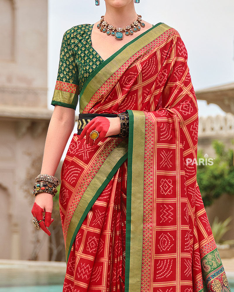 Red Bandhani Silk Saree with Green Zari Border