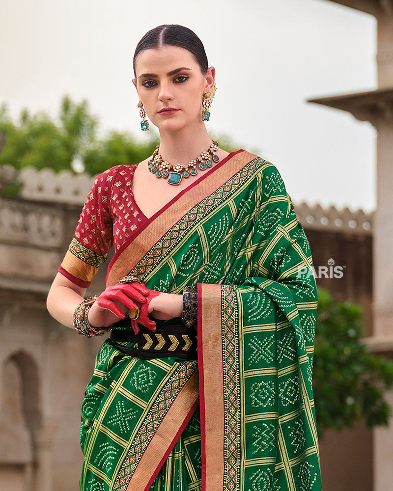 Green Bandhani Silk Saree with Red Zari Border