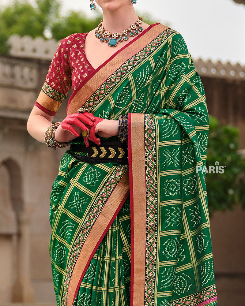 Green Bandhani Silk Saree with Red Zari Border
