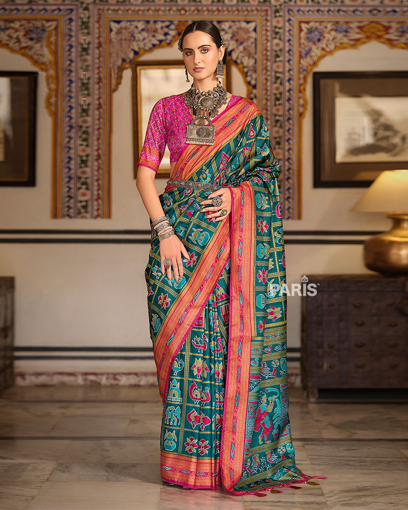 Teal Patola Silk Saree with Pink Border & Zari Work