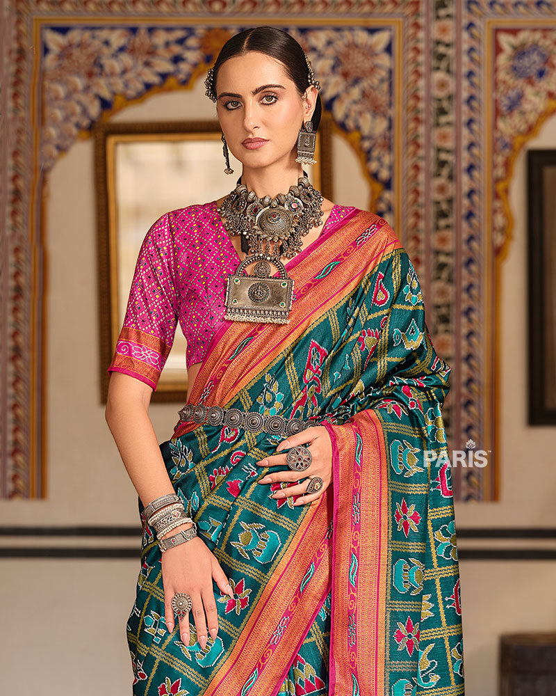 Teal Patola Silk Saree with Pink Border & Zari Work