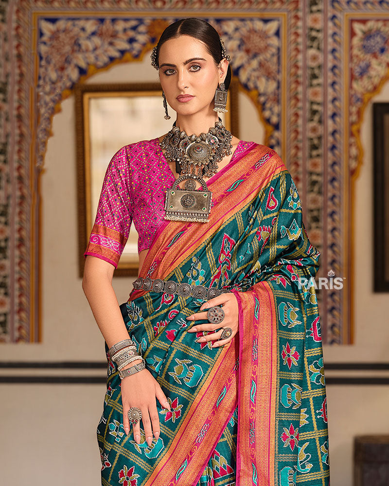 Teal Patola Silk Saree with Pink Border & Zari Work