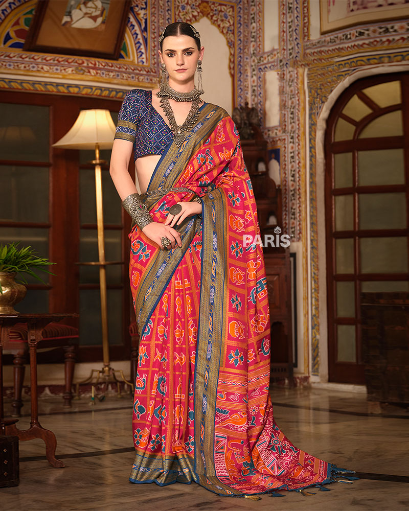Pink Patola Silk Saree with Blue Border