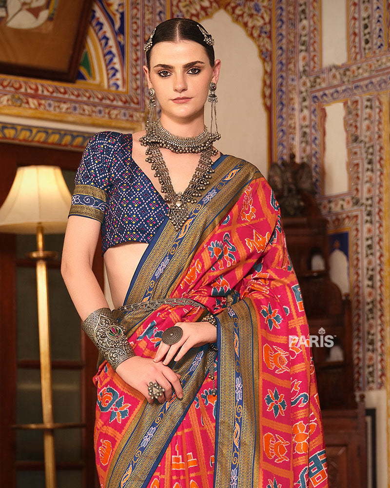 Pink Patola Silk Saree with Blue Border