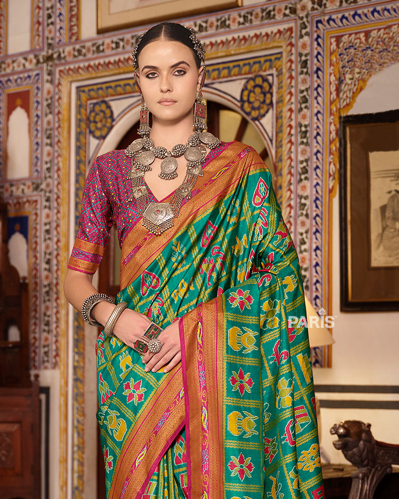 Parrot Green Patola Silk Saree with Red Border