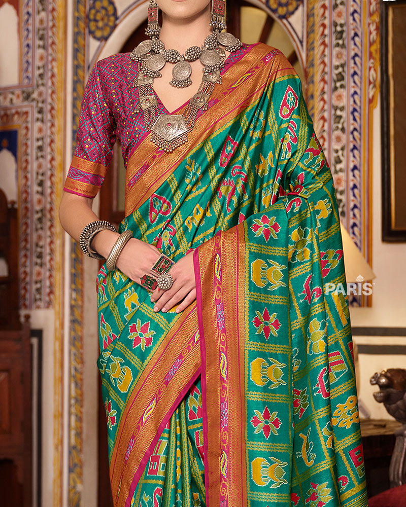 Parrot Green Patola Silk Saree with Red Border