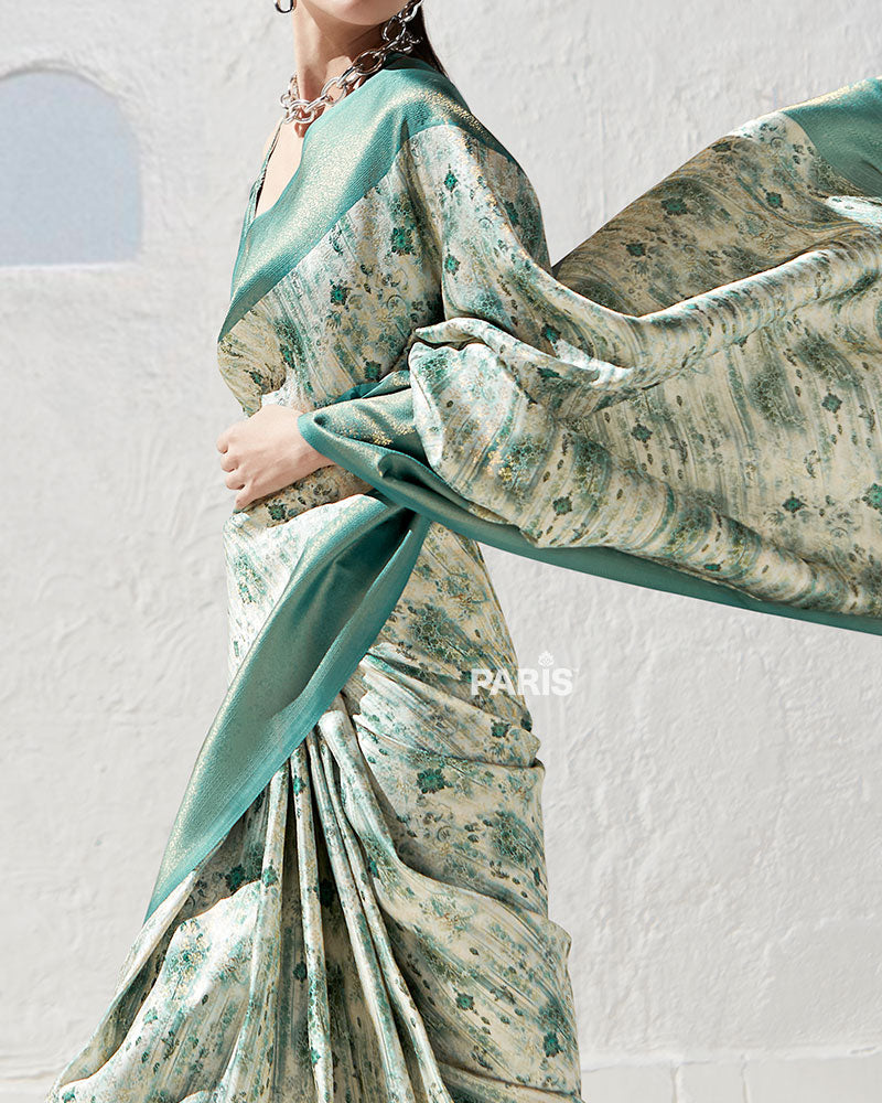 Cream Silk Saree with Dusty Rose Floral Print