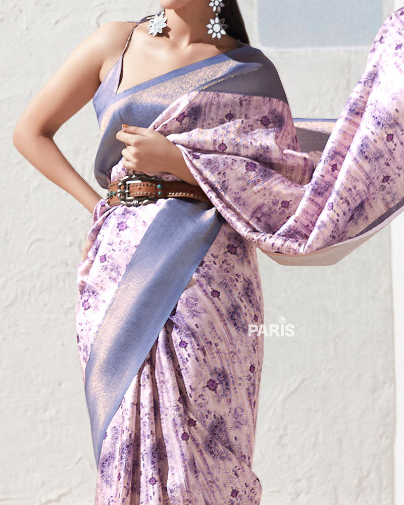 Light Beige Silk Saree with Golden Floral Prints