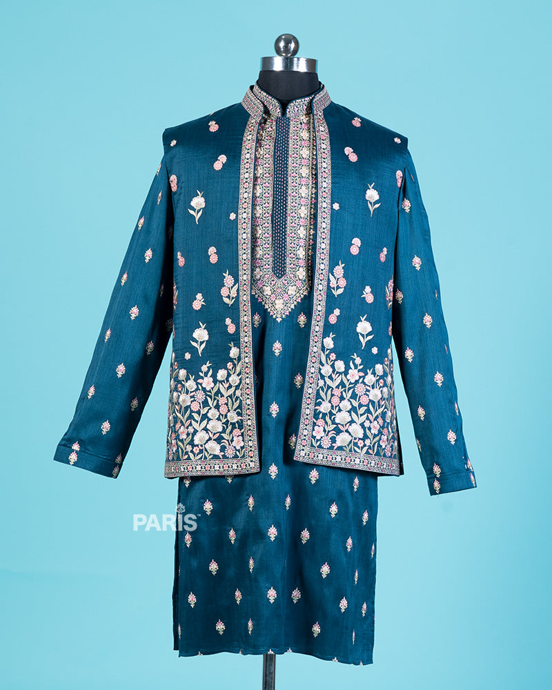 Teal-Blue Embroidered Kurta Jacket with Pajama 01