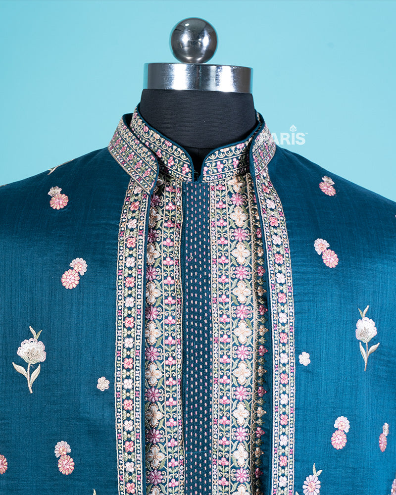 Teal-Blue Embroidered Kurta Jacket with Pajama 02