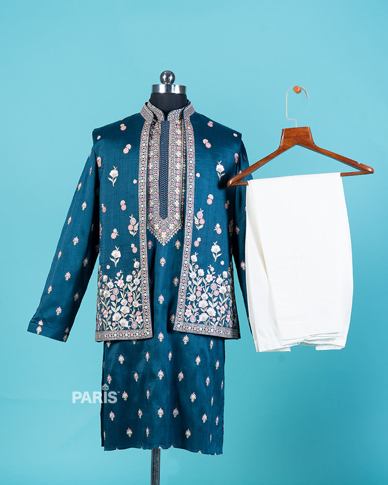 Teal-Blue Embroidered Kurta Jacket with Pajama 03
