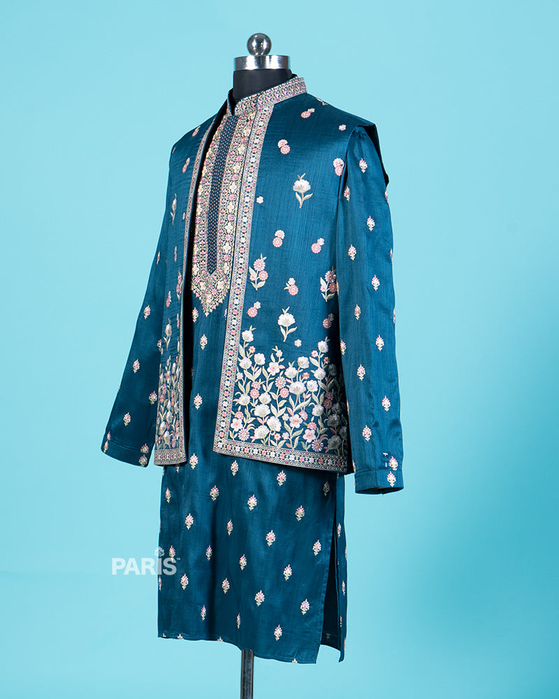 Teal-Blue Embroidered Kurta Jacket with Pajama 04