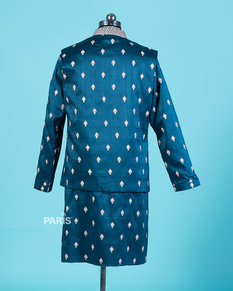 Teal-Blue Embroidered Kurta Jacket with Pajama 06