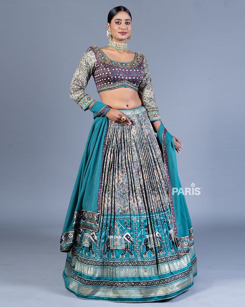 Teal Blue Floral Print Lehenga Purple Choli with Dupatta 01