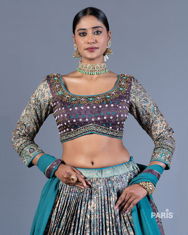 Teal Blue Floral Print Lehenga Purple Choli with Dupatta 02