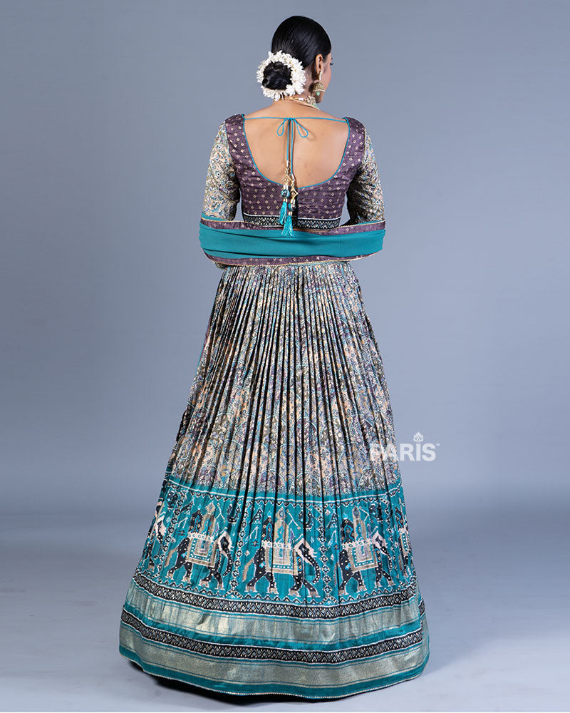 Teal Blue Floral Print Lehenga Purple Choli with Dupatta 03