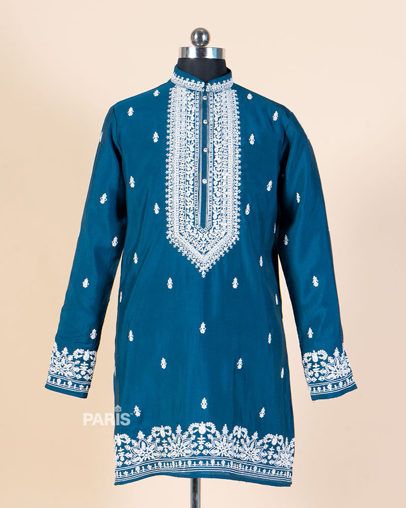 Teal Embroidered Kurta with White Pajama Set 01