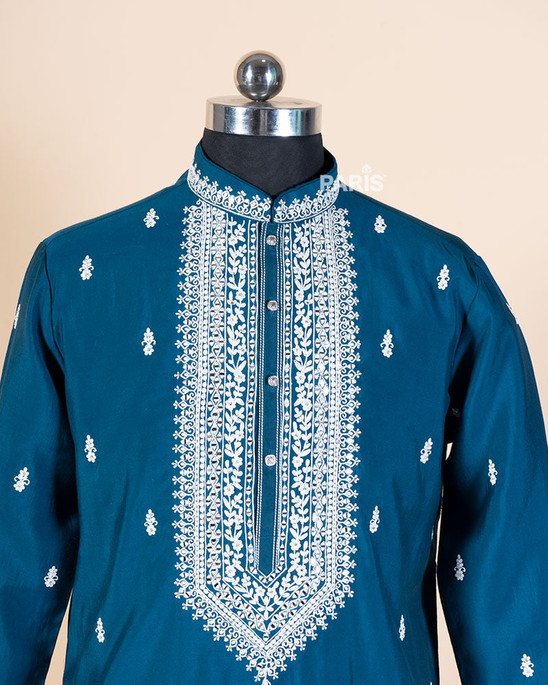 Teal Embroidered Kurta with White Pajama Set 02