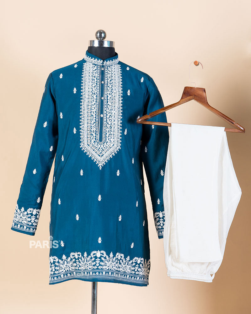 Teal Embroidered Kurta with White Pajama Set 03