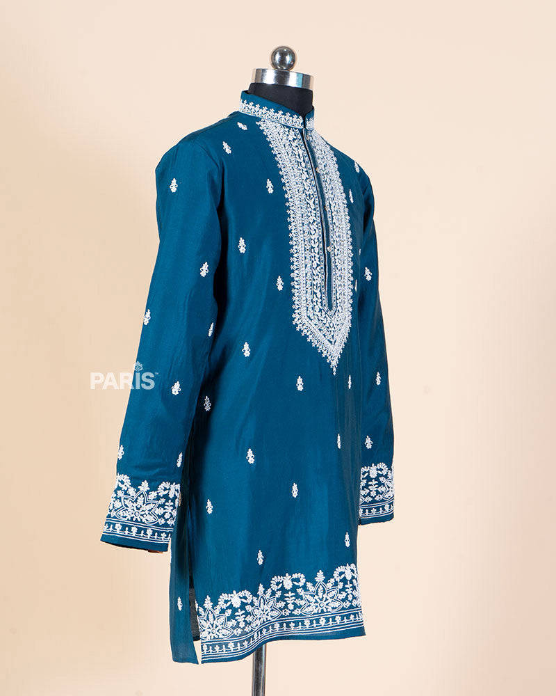 Teal Embroidered Kurta with White Pajama Set 04