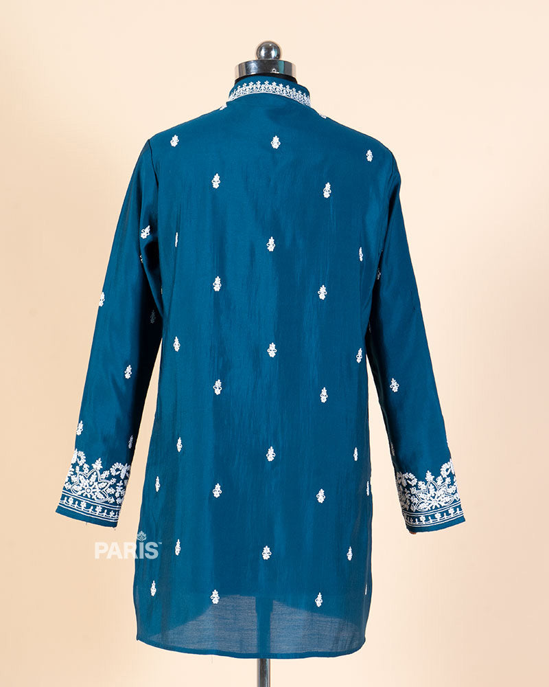 Teal Embroidered Kurta with White Pajama Set 06